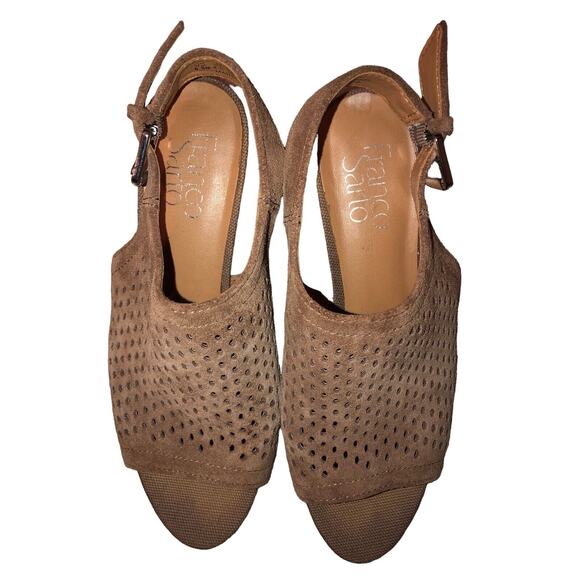 Franco Sarto Suede Leather‎ Wedge Sandals Perforated Taupe Ankle Strap - Picture 2 of 8
